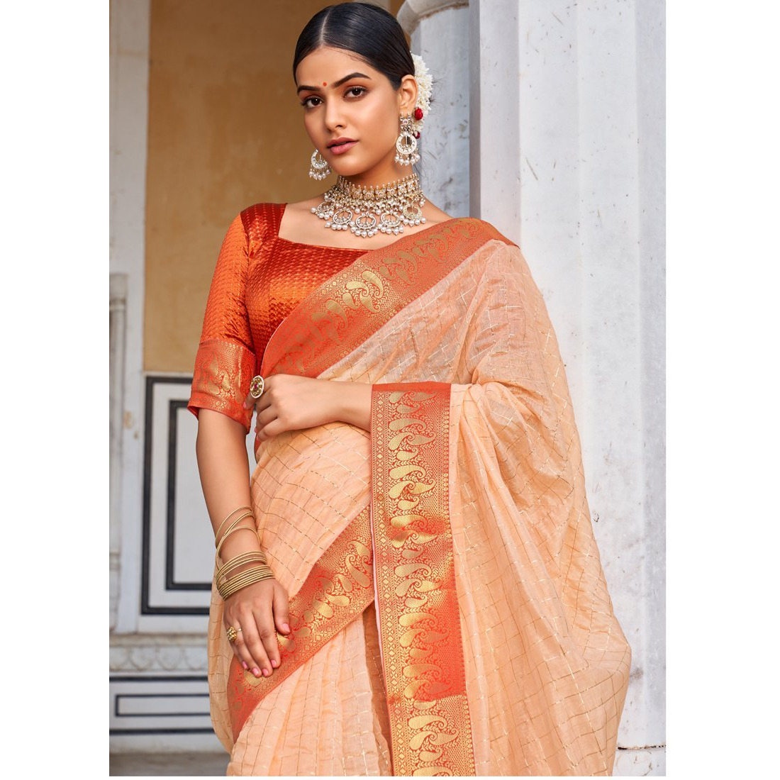 Light Orange Cotton Checks Indian Designer Wedding Wear Saree