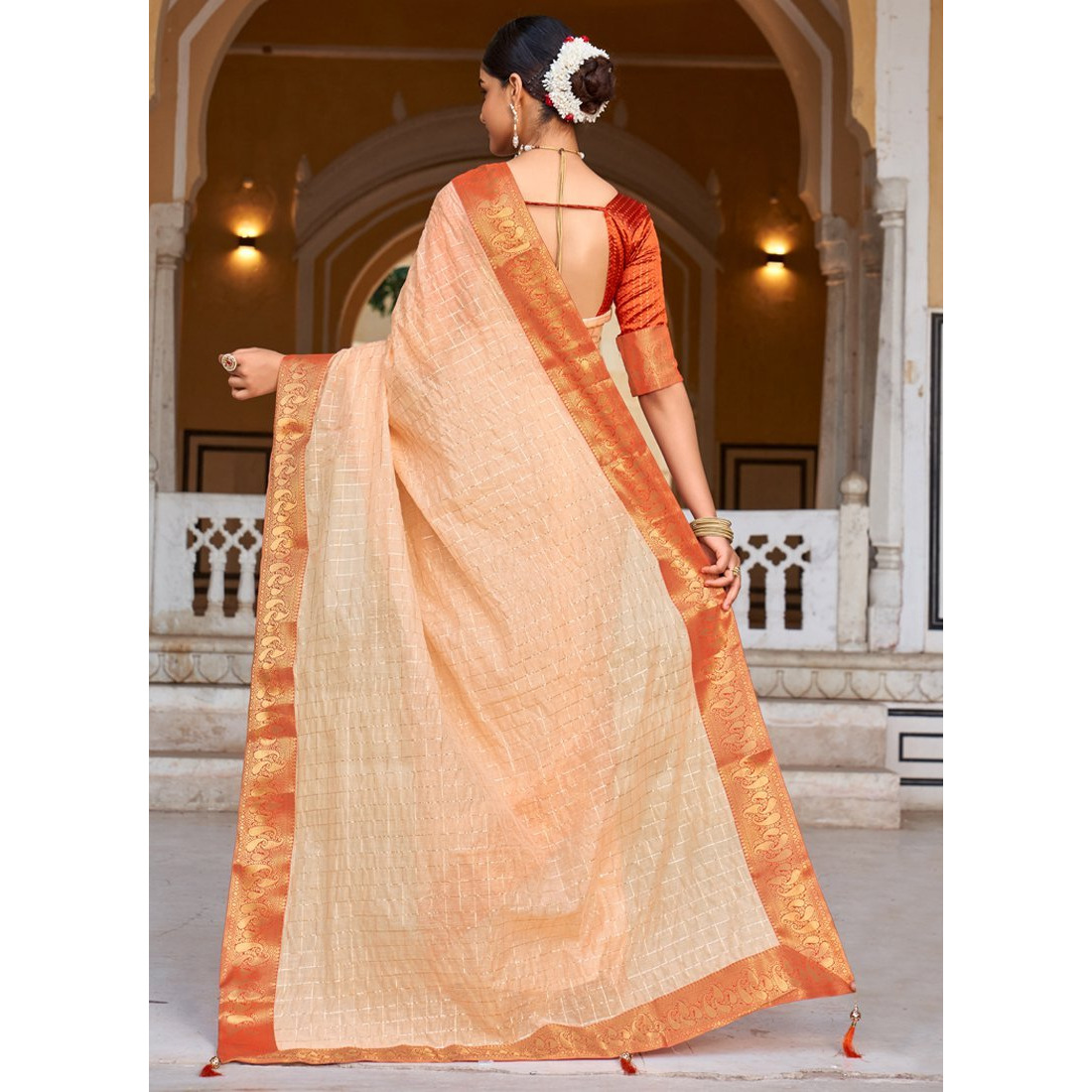 Light Orange Cotton Checks Indian Designer Wedding Wear Saree