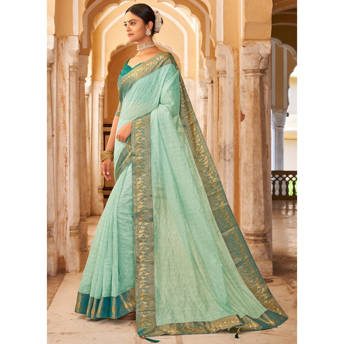 Turquoise Cotton Checks Indian Designer Wedding Wear Saree
