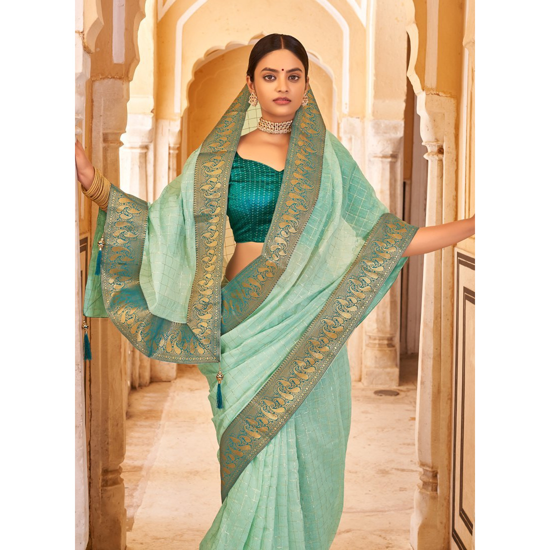 Turquoise Cotton Checks Indian Designer Wedding Wear Saree