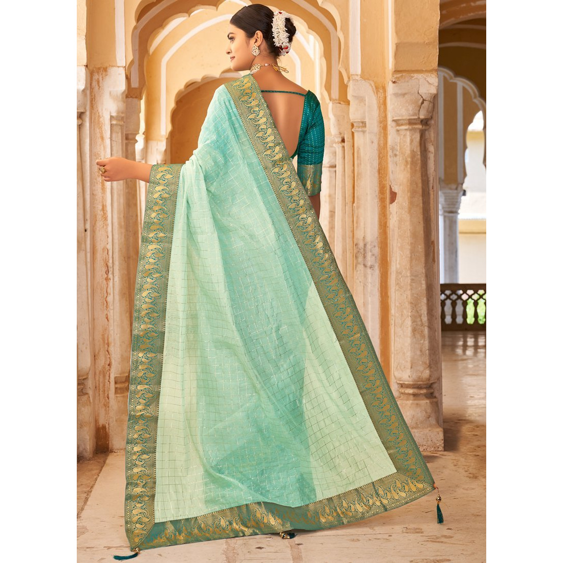 Turquoise Cotton Checks Indian Designer Wedding Wear Saree