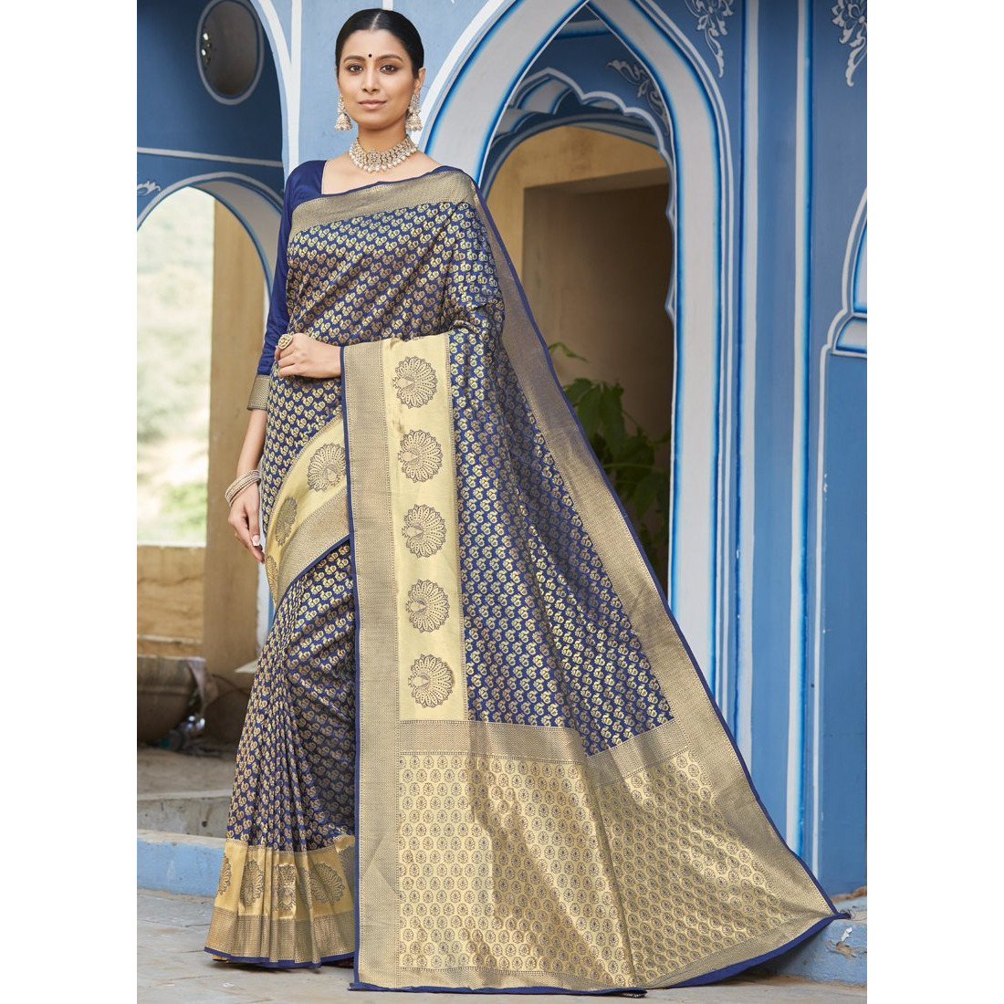 Navy Blue Silk Designer Traditional Wedding Wear Saree