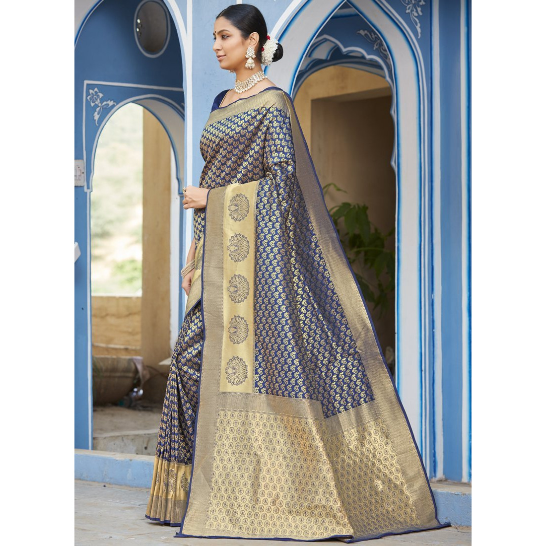 Navy Blue Silk Designer Traditional Wedding Wear Saree