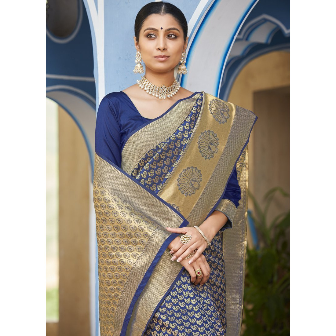 Navy Blue Silk Designer Traditional Wedding Wear Saree