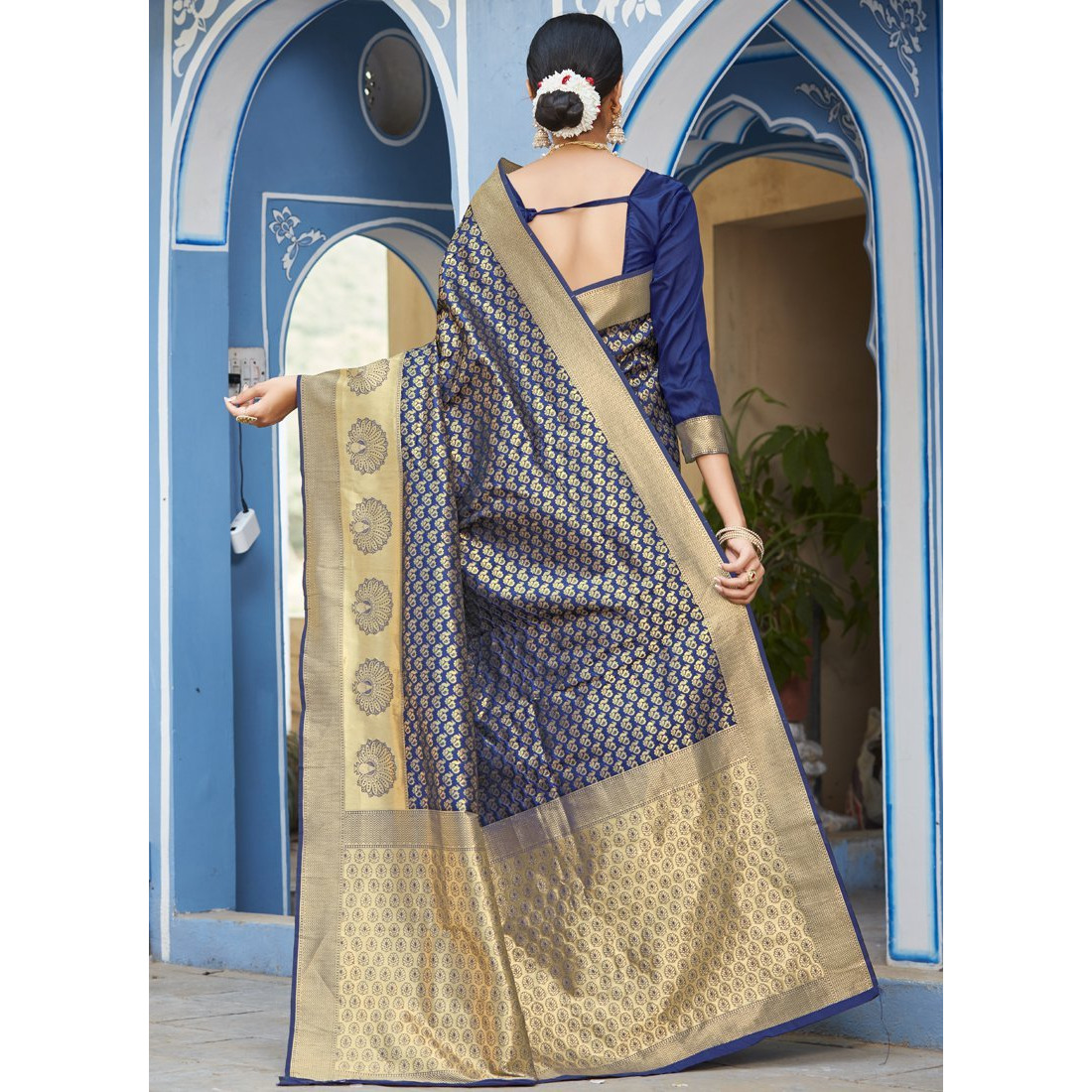 Navy Blue Silk Designer Traditional Wedding Wear Saree