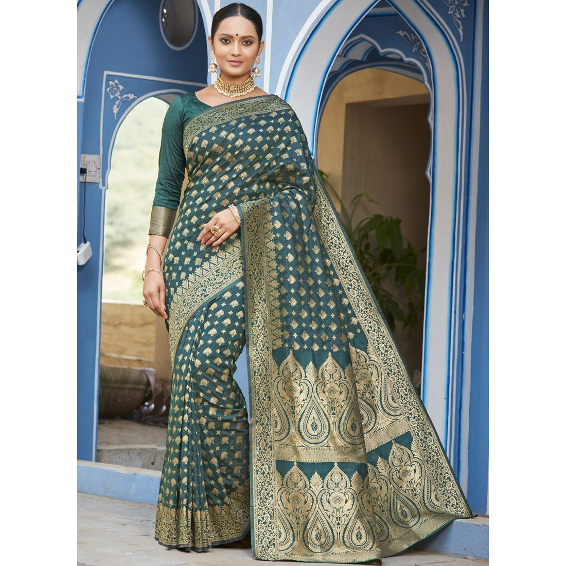 Dark Green Silk Designer Traditional Wedding Wear Saree