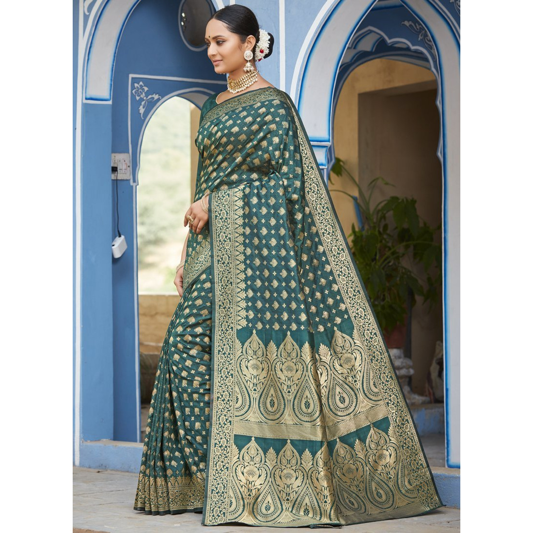 Dark Green Silk Designer Traditional Wedding Wear Saree