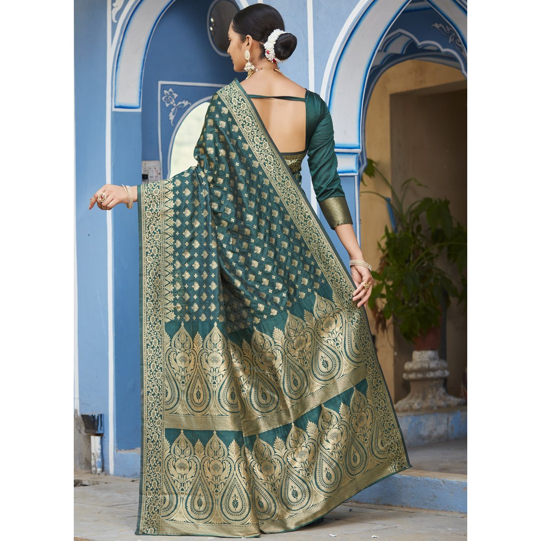 Dark Green Silk Designer Traditional Wedding Wear Saree