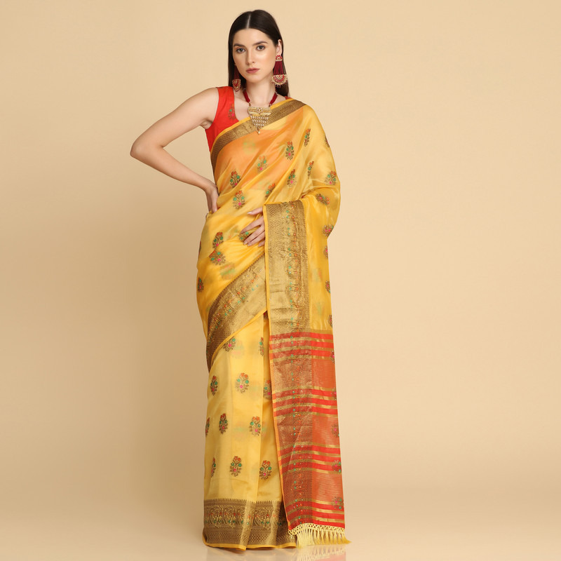 Asisa Yellow Organza Silk With Stone Work Saree (Color Yellow)