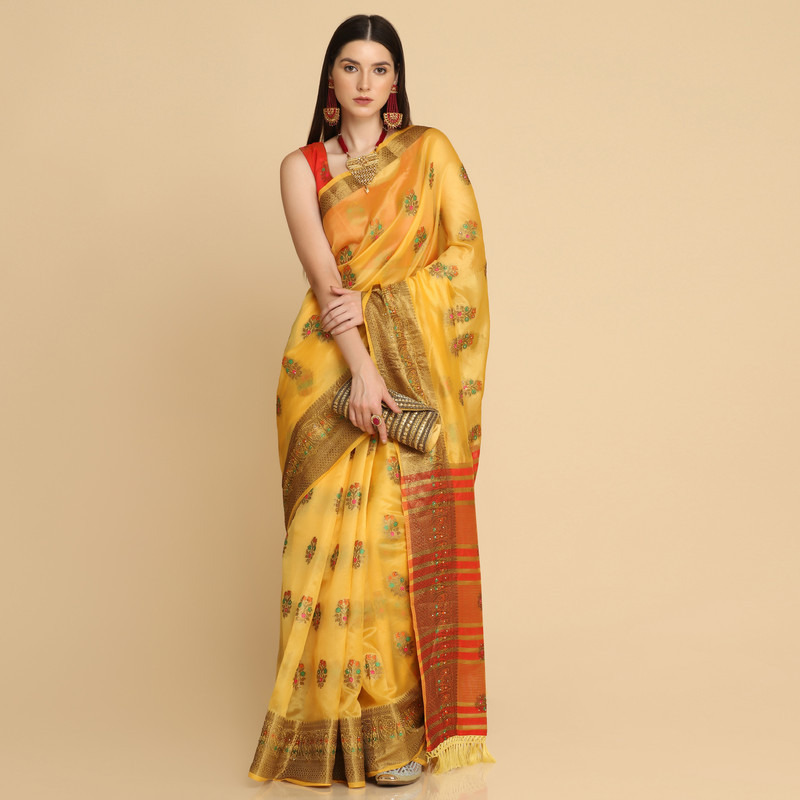 Asisa Yellow Organza Silk With Stone Work Saree (Color Yellow)