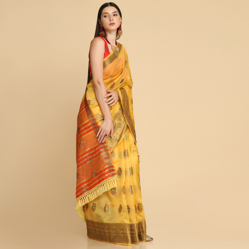 Asisa Yellow Organza Silk With Stone Work Saree (Color Yellow)