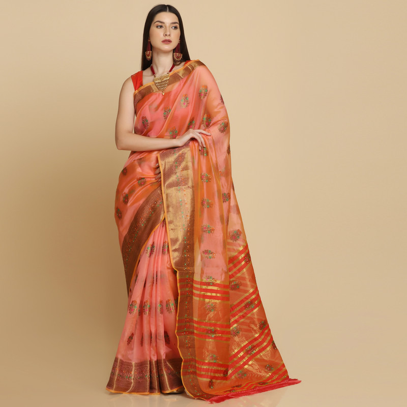 Asisa Peach Organza Silk With Stone Work Saree (Color Peach)