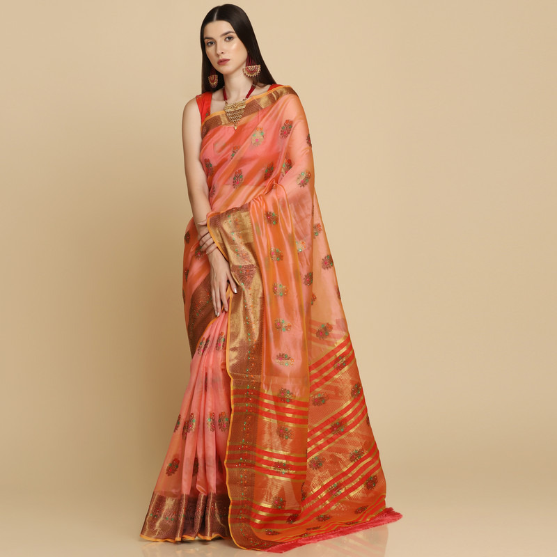 Asisa Peach Organza Silk With Stone Work Saree (Color Peach)