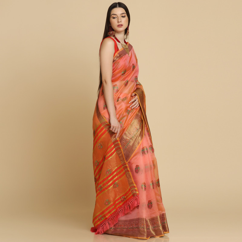 Asisa Peach Organza Silk With Stone Work Saree (Color Peach)