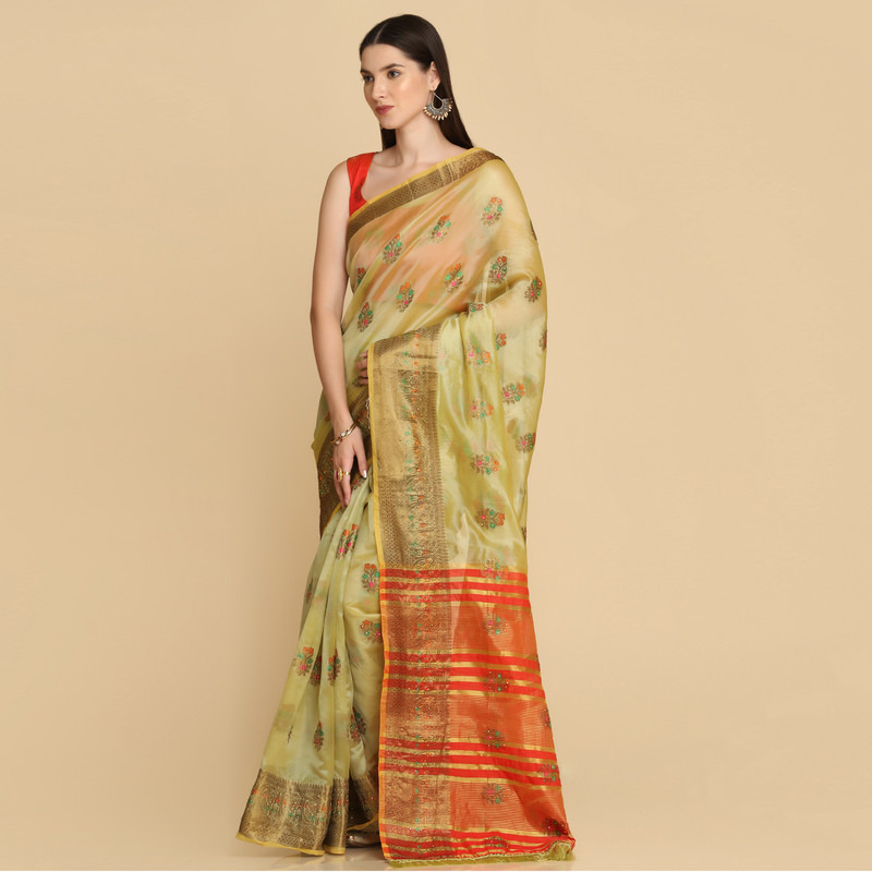 Asisa Sea Green Organza Silk With Stone Work Saree (Color Sea Green)