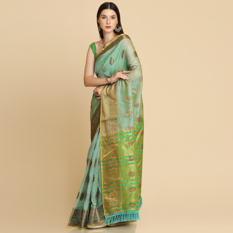 Asisa Turquoise Organza Silk With Stone Work Saree (Color: Turquoise)