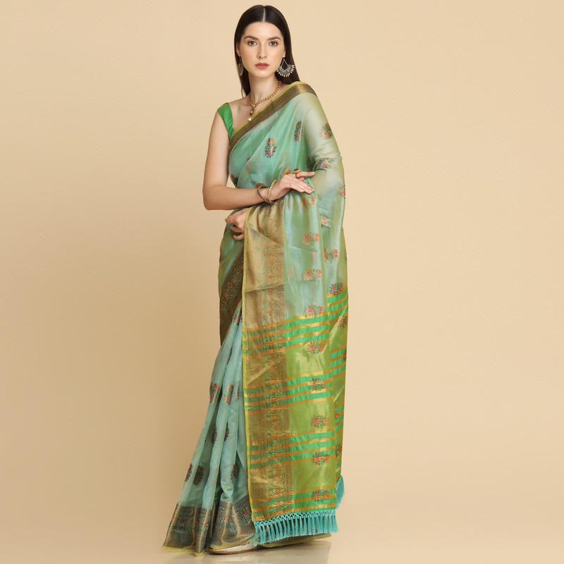 Asisa Turquoise Organza Silk With Stone Work Saree (Color Turquoise)