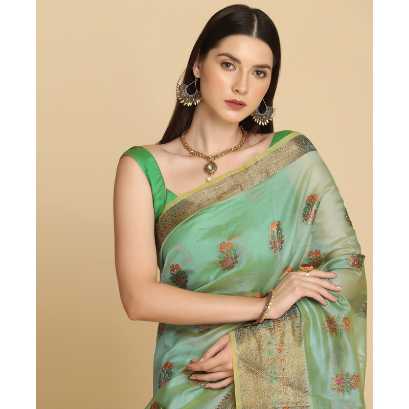 Asisa Turquoise Organza Silk With Stone Work Saree (Color: Turquoise)