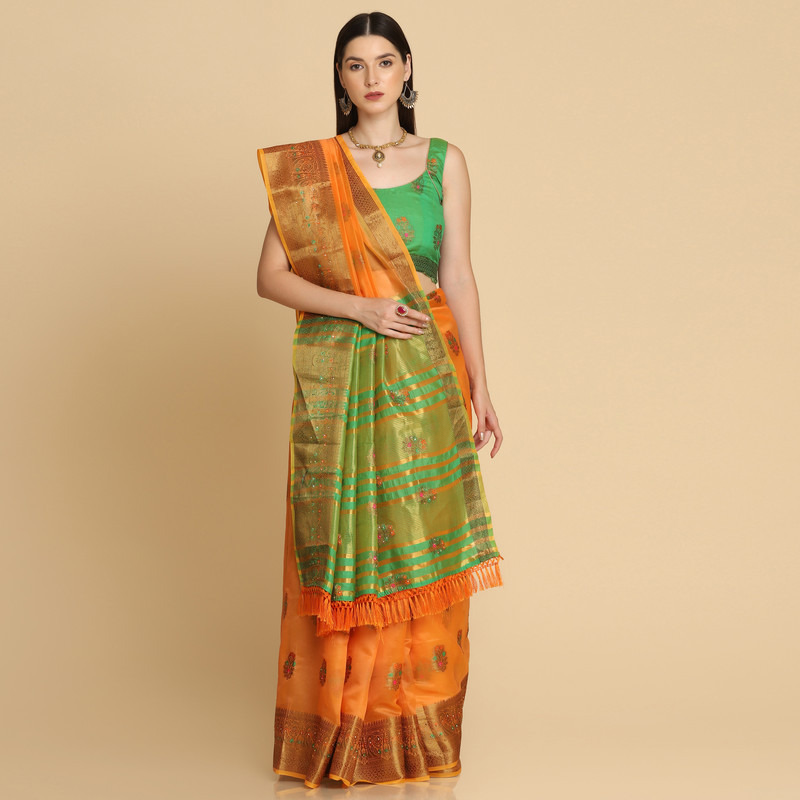 Asisa Orange Organza Silk With Stone Work Saree (Color Orange)