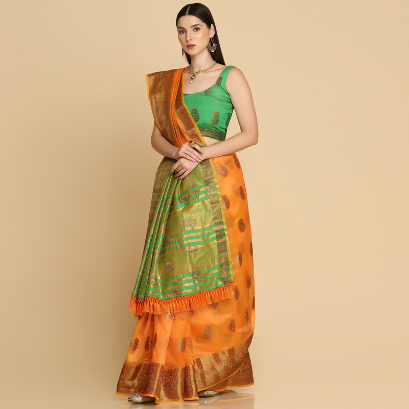 Asisa Orange Organza Silk With Stone Work Saree (Color Orange)