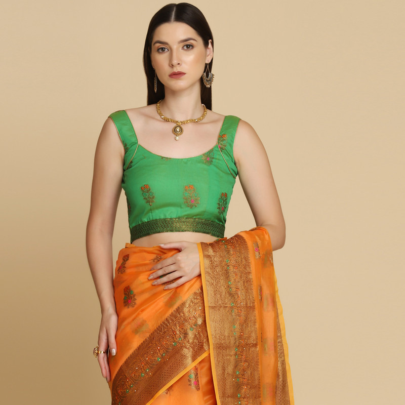 Asisa Orange Organza Silk With Stone Work Saree (Color Orange)