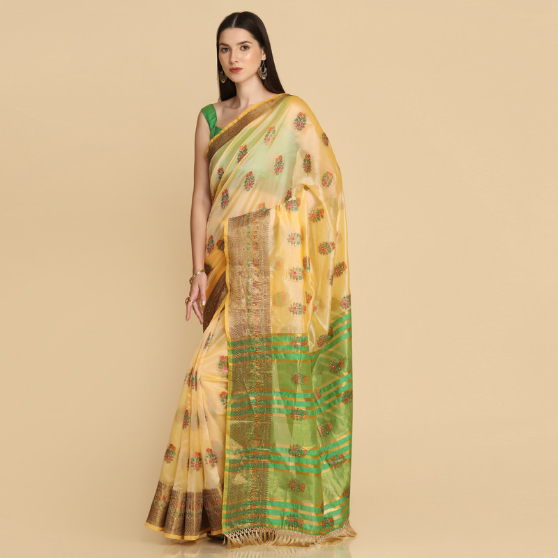 Asisa Cream Organza Silk With Stone Work Saree (Color Cream)