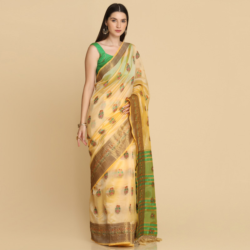Asisa Cream Organza Silk With Stone Work Saree (Color Cream)
