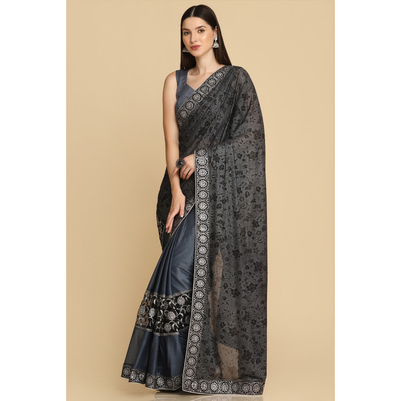 Asisa Janvi Dark Grey Zari Work Party Wear Crepe Sarees (Color Dark Grey)