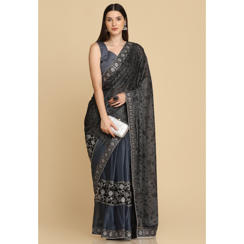 Asisa Janvi Dark Grey Zari Work Party Wear Crepe Sarees (Color Dark Grey)
