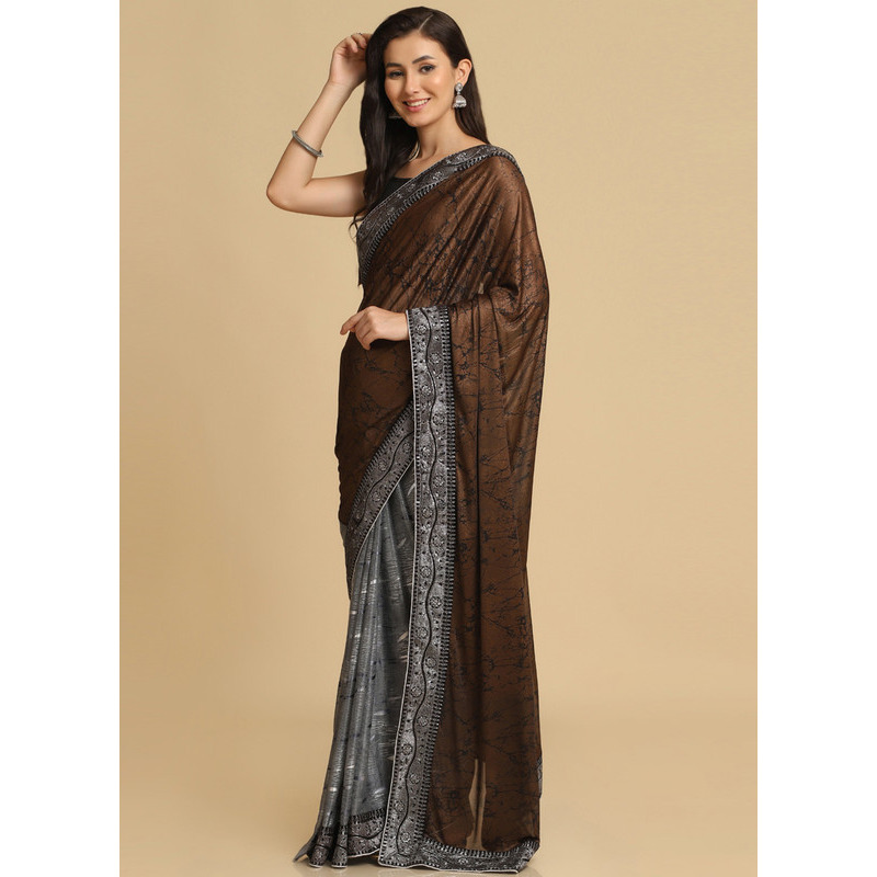 Asisa Janvi Dark Brown Zari Woven Party Wear Crepe Sarees (Color Dark Brown)