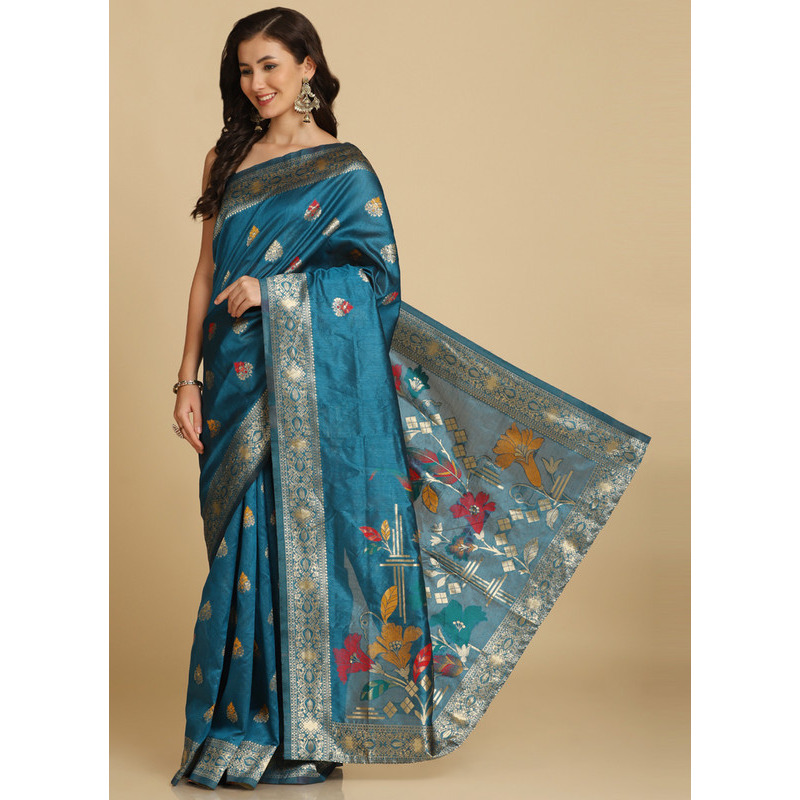 Asisa Kabira Aqua Blue Resham Woven Art Silk Sarees (Color: Aqua Blue)