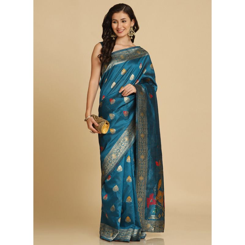 Asisa Kabira Aqua Blue Resham Woven Art Silk Sarees (Color: Aqua Blue)