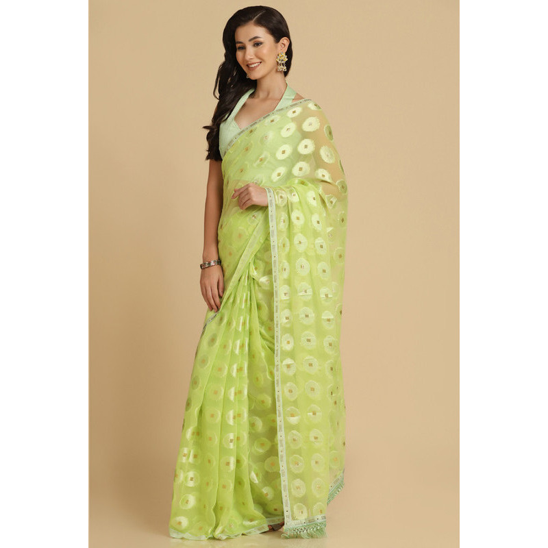 Asisa Kesariya Lime Thread Work Designer Chiffon Sarees (Color Lime)