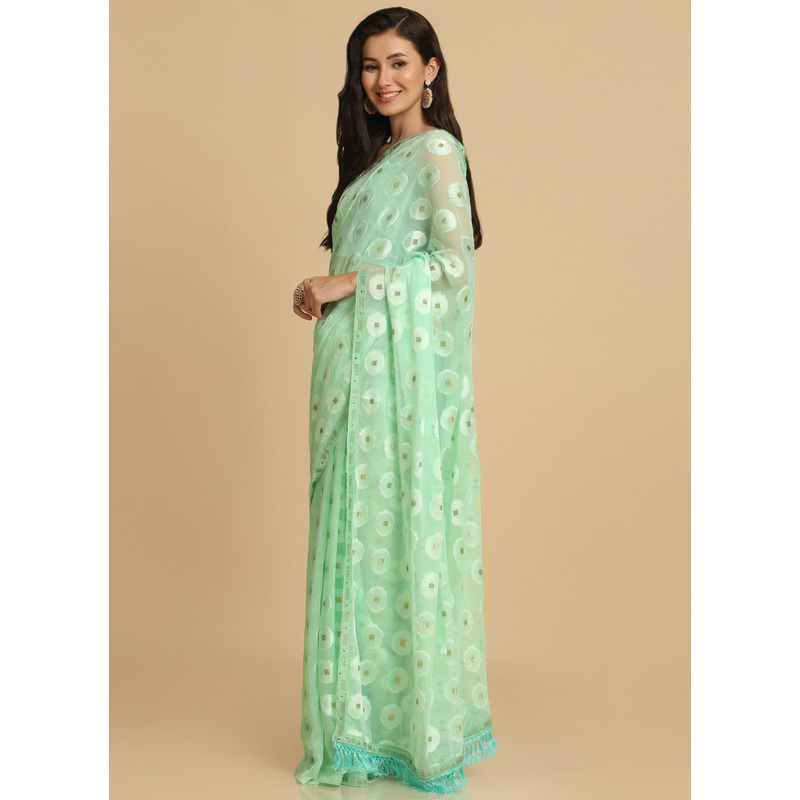 Asisa Kesariya Turquoise Thread Work Designer Chiffon Sarees (Color Turquoise)
