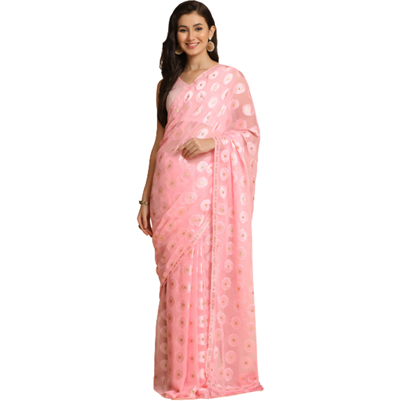 Asisa Kesariya Pink Thread Work Designer Chiffon Sarees (Color Pink)