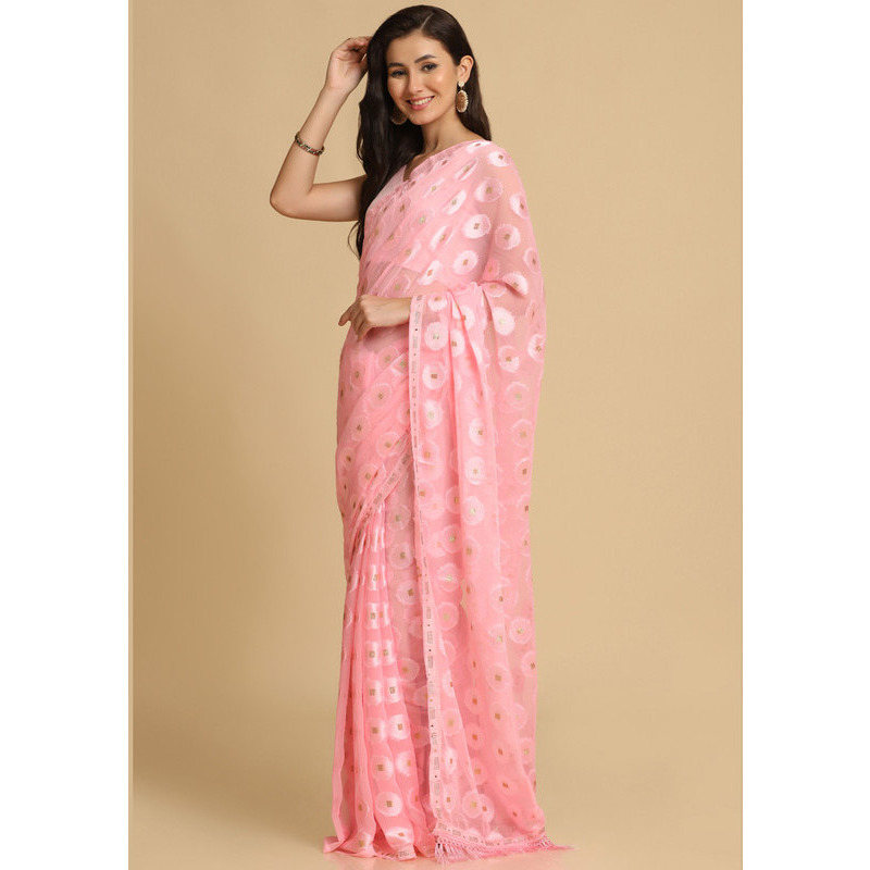 Asisa Kesariya Pink Thread Work Designer Chiffon Sarees (Color Pink)