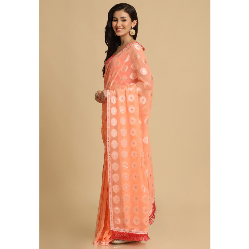 Asisa Kesariya Peach Thread Work Designer Chiffon Sarees (Color Peach)