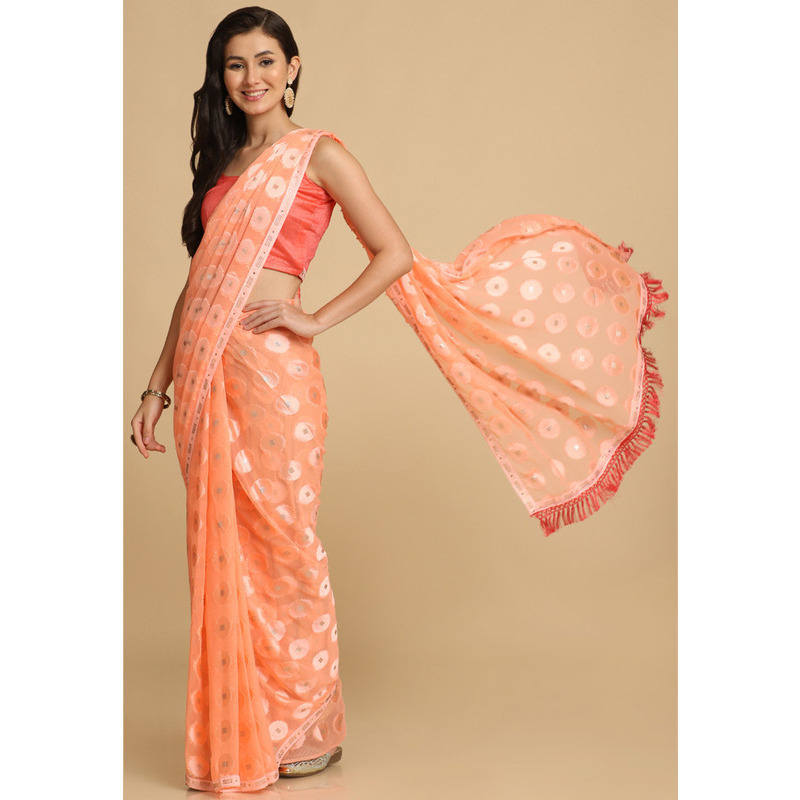 Asisa Kesariya Peach Thread Work Designer Chiffon Sarees (Color Peach)