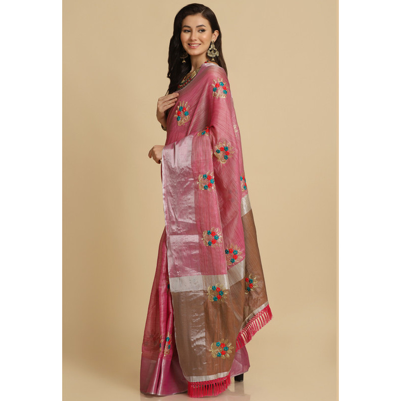 Asisa Nancy Dark Pink Resham Embroidery Party Wear Sarees (Color: Dark Pink)