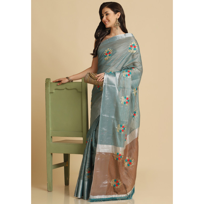 Asisa Nancy Turquoise Resham Embroidery Party Wear Sarees (Color Turquoise)