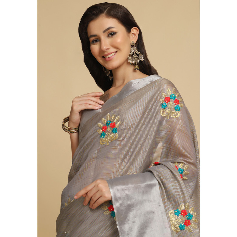 Asisa Nancy Grey Resham Embroidery Party Wear Sarees (Color: Grey)
