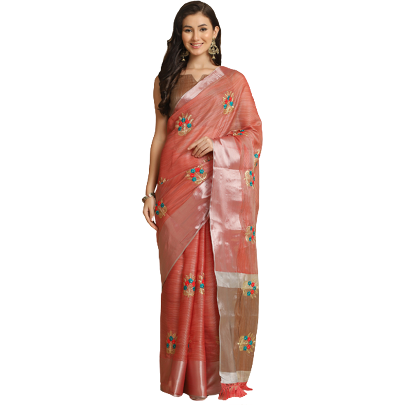 Asisa Nancy Peach Resham Embroidery Party Wear Sarees (Color: Peach)