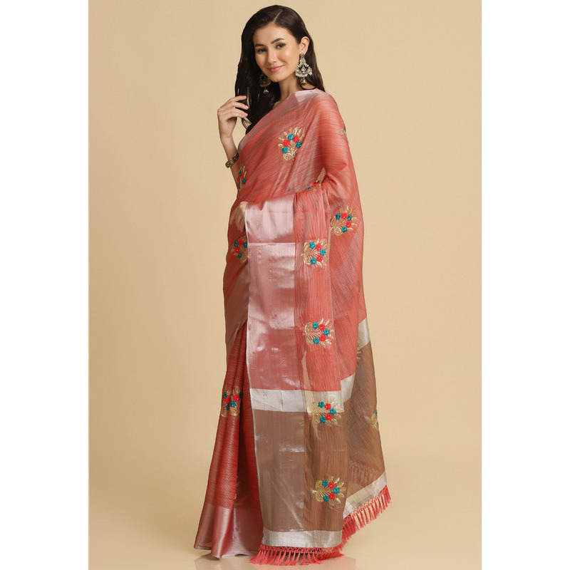 Asisa Nancy Peach Resham Embroidery Party Wear Sarees (Color: Peach)