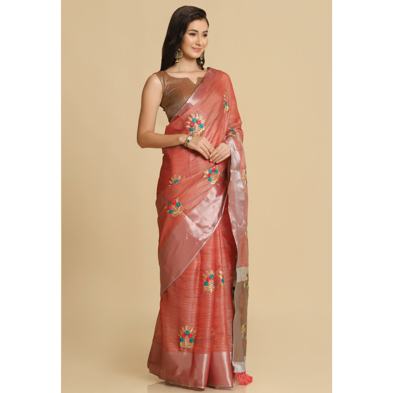 Asisa Nancy Peach Resham Embroidery Party Wear Sarees (Color: Peach)