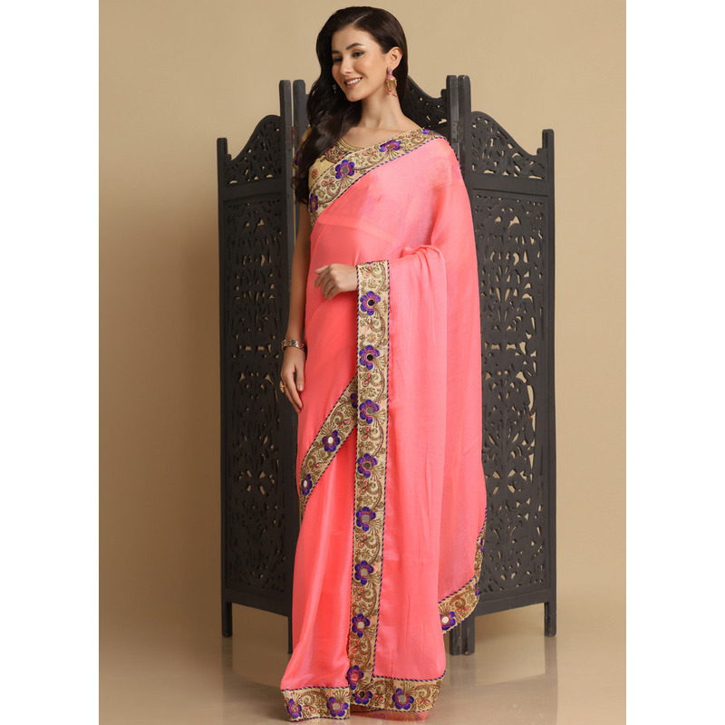 Asisa Rose Baby Pink Resham Embroidery Organza Sarees (Color Baby Pink)