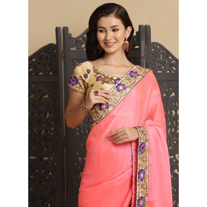 Asisa Rose Baby Pink Resham Embroidery Organza Sarees (Color Baby Pink)