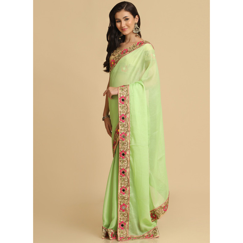 Asisa Rose Lime Resham Embroidery Organza Sarees (Color Lime)