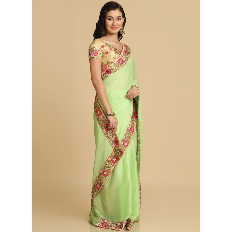 Asisa Rose Lime Resham Embroidery Organza Sarees (Color Lime)