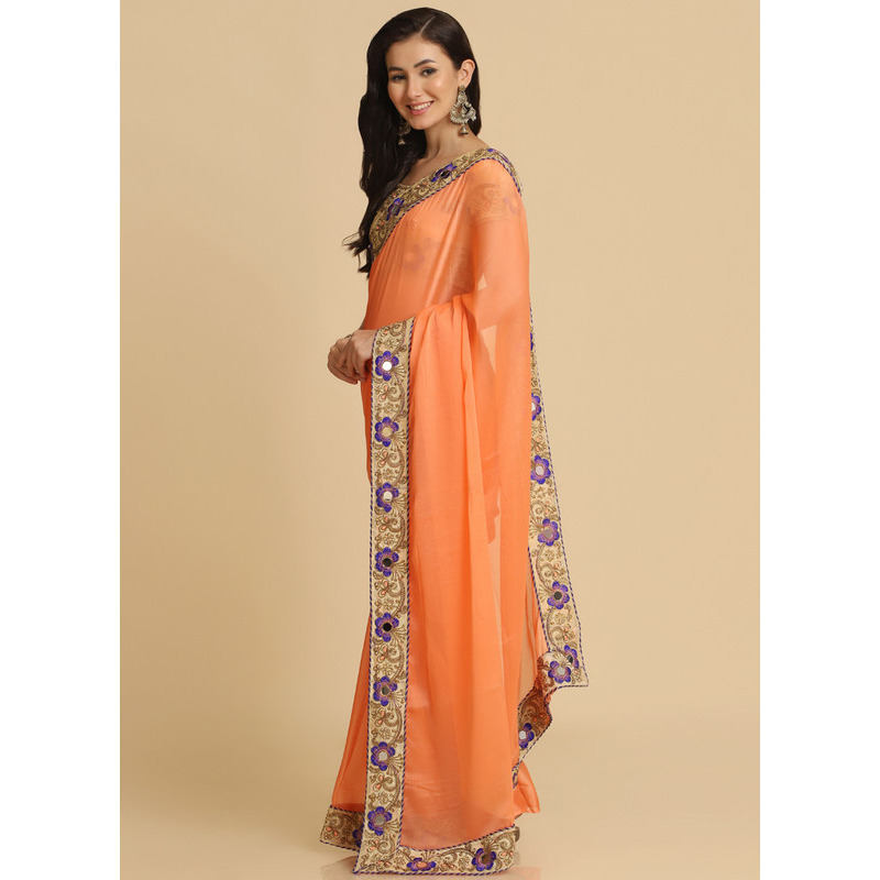 Asisa Rose Light Orange Resham Embroidery Organza Sarees (Color Light Orange)