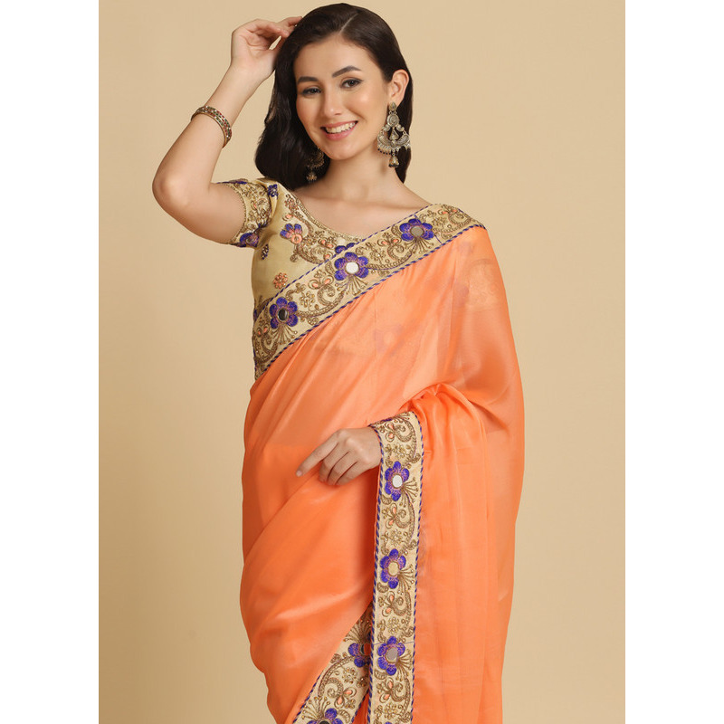 Asisa Rose Light Orange Resham Embroidery Organza Sarees (Color Light Orange)